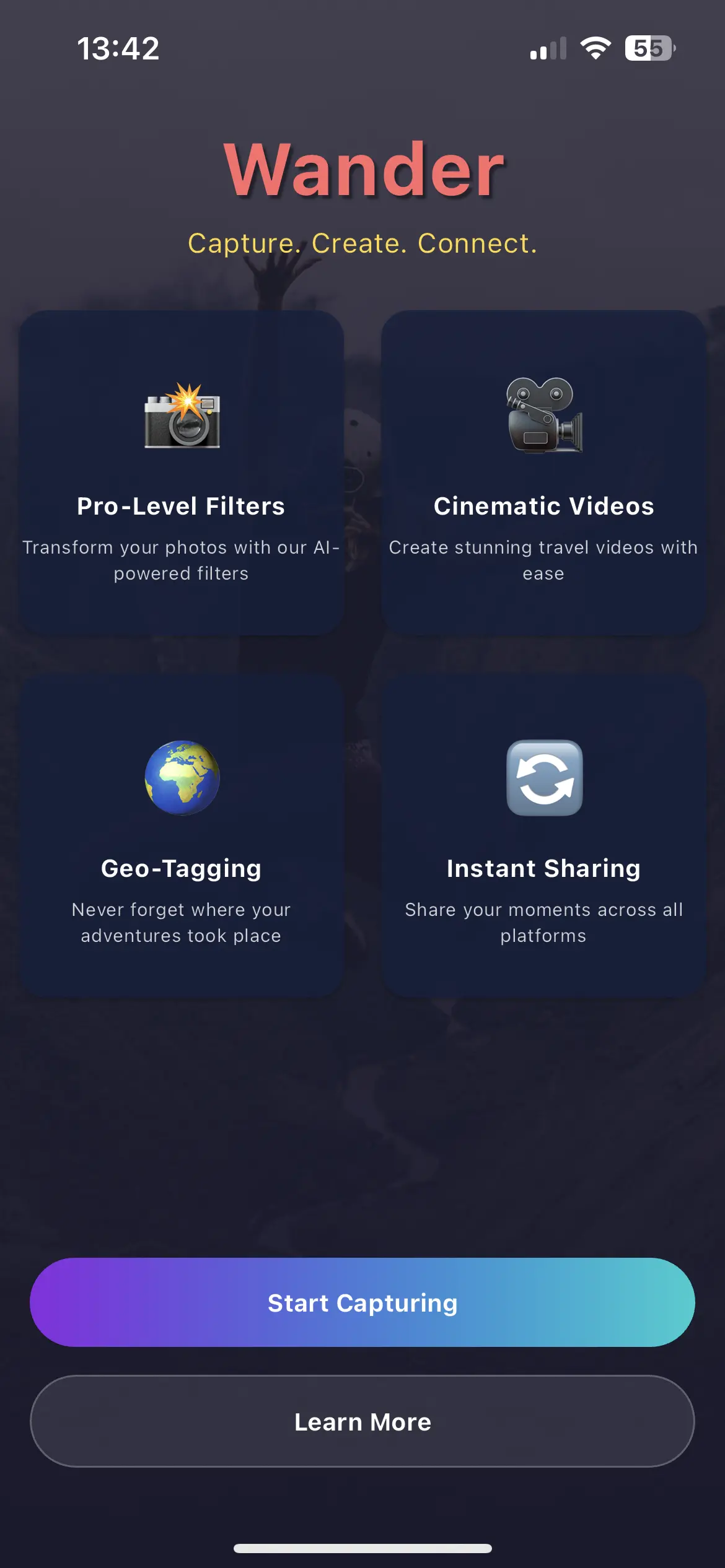 Wander app interface showing options for Pro-Level Filters, Cinematic Videos, Geo-Tagging, and Instant Sharing